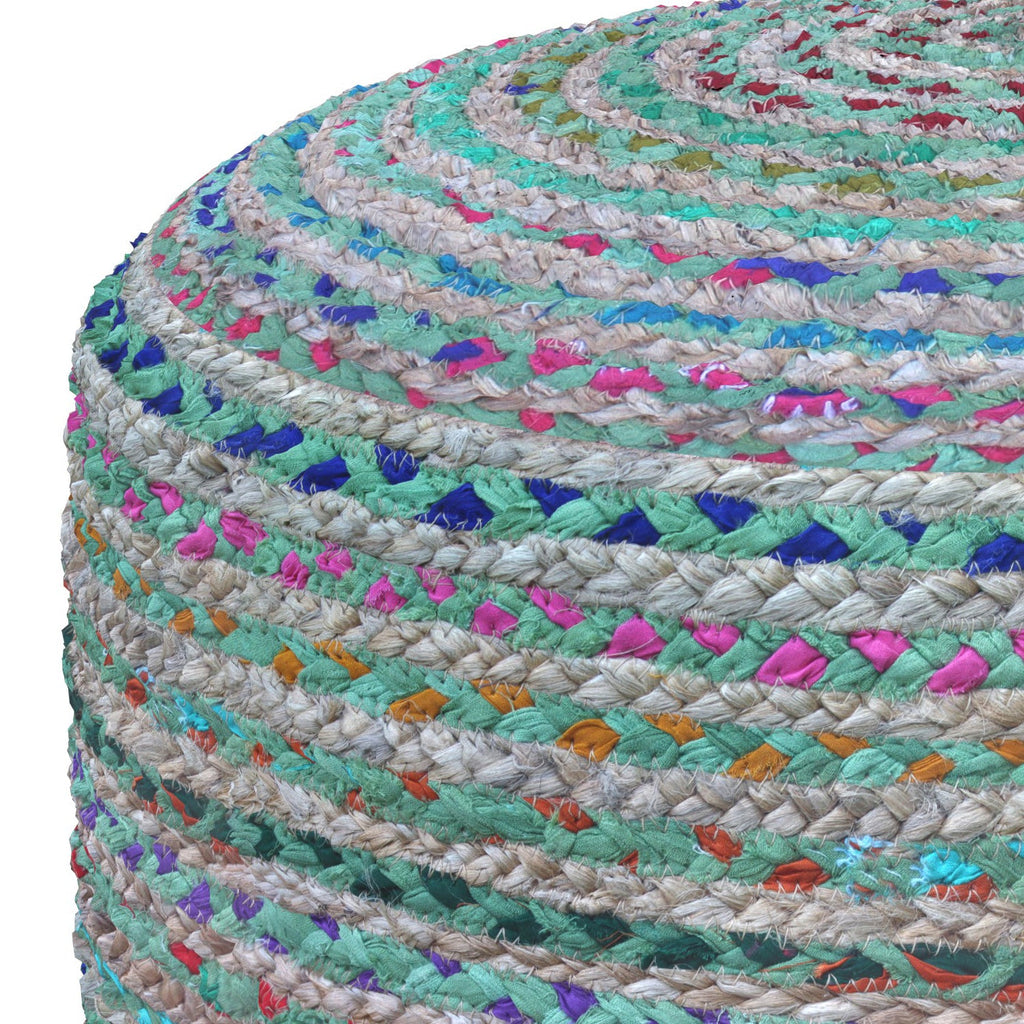 Margo 20 Inch Wide Round Pouf in Multi-Green Handwoven Jute and Cotton