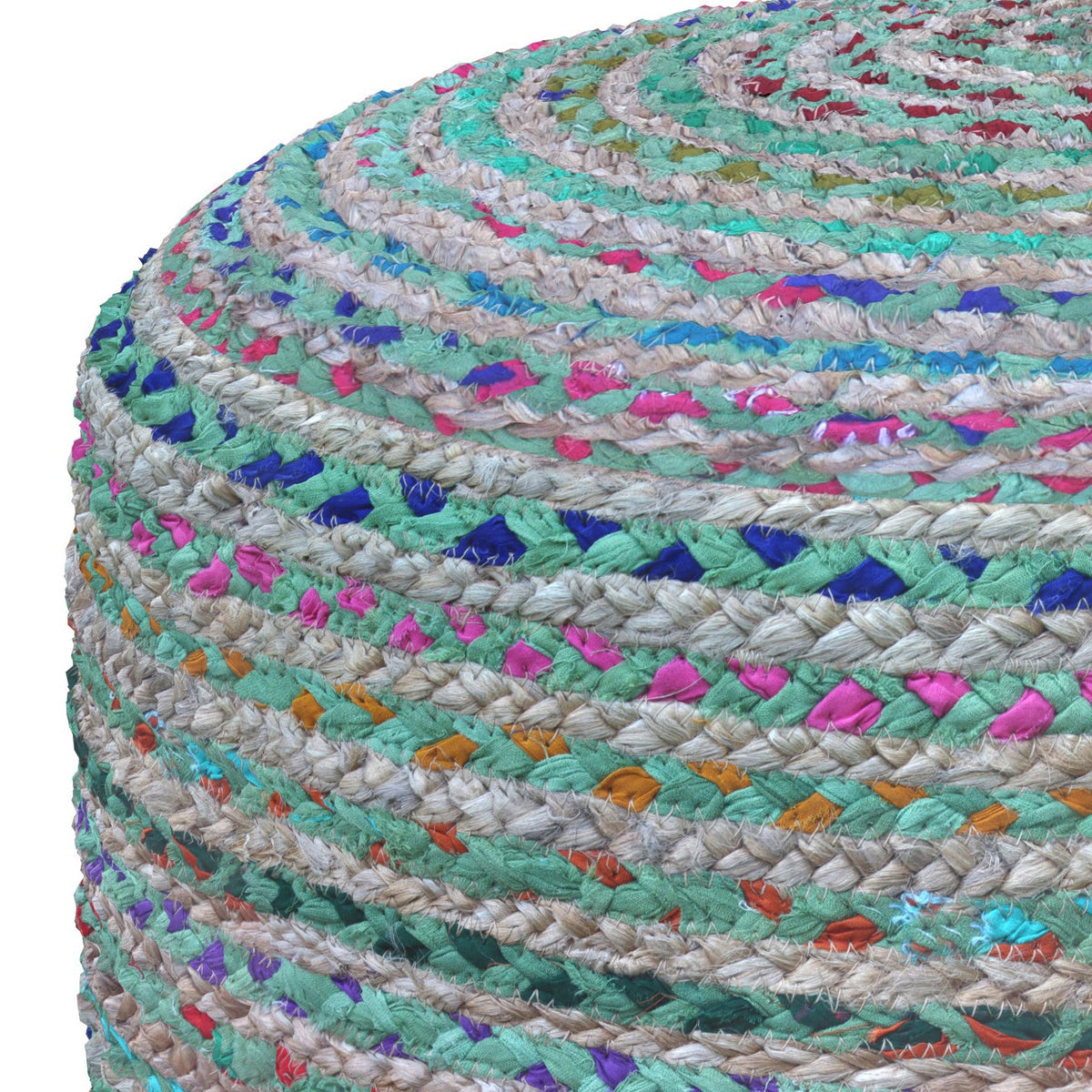 Margo 20 Inch Wide Round Pouf in Multi-Green Handwoven Jute and Cotton