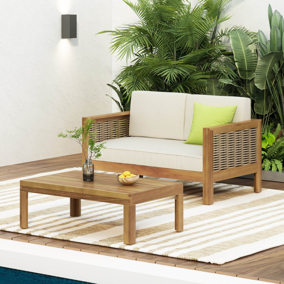 Outdoor Acacia Wood and Wicker Loveseat and Coffee Table Set with Cushions