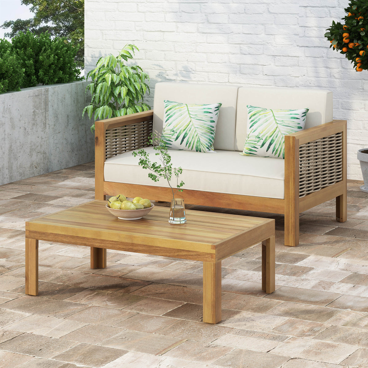 Outdoor Acacia Wood and Wicker Loveseat and Coffee Table Set with Cushions