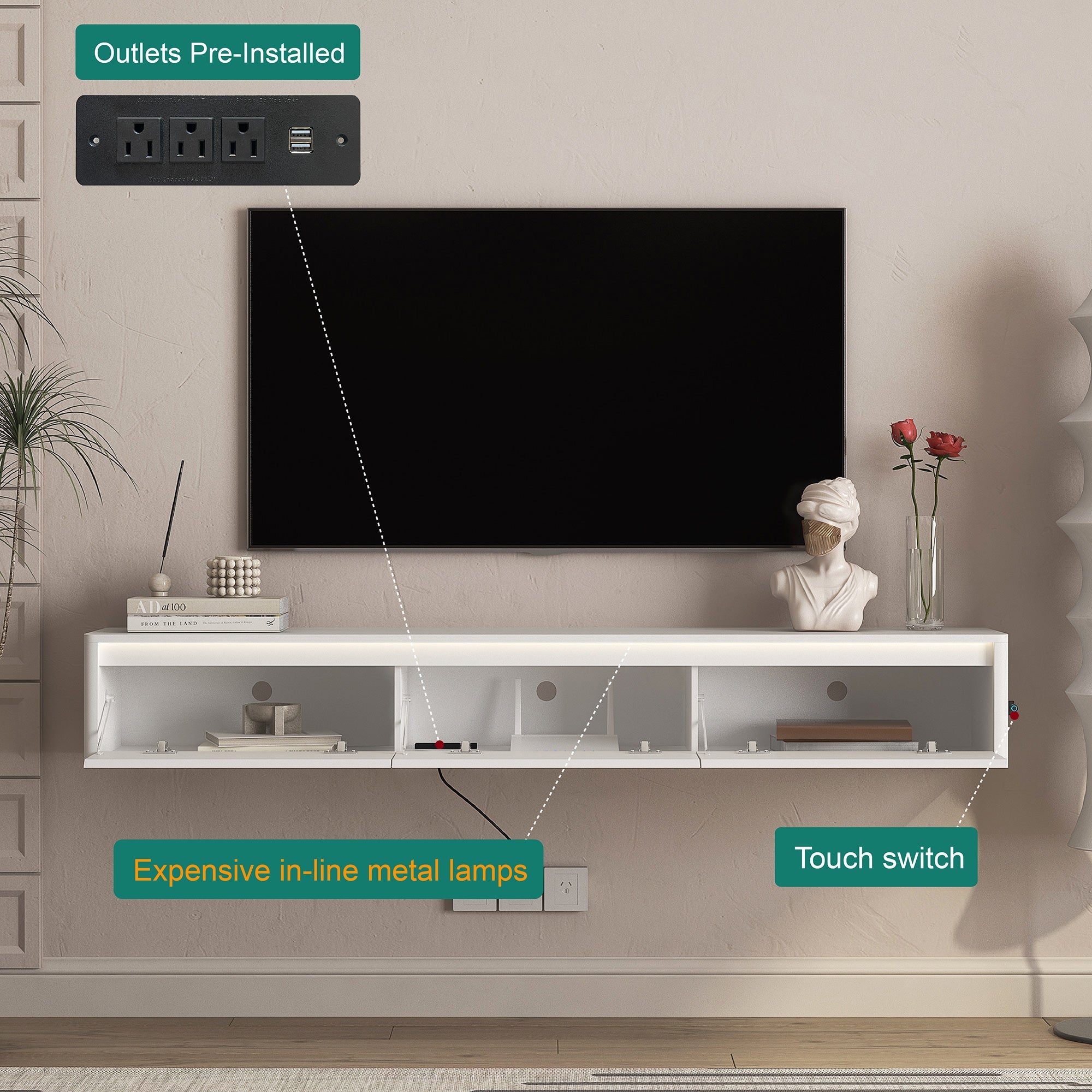 Floating TV Stand with LED Lights & Power Outlet