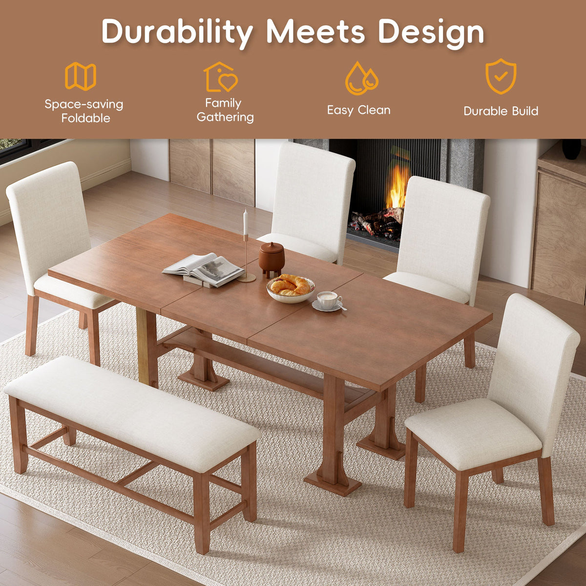 TOPMAX Farmhouse 76-Inch 6-Piece Extendable Dining Table Set