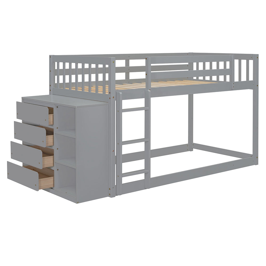Twin Over Twin Bunk Bed with 4 Drawers and 3 Shelves - Gray