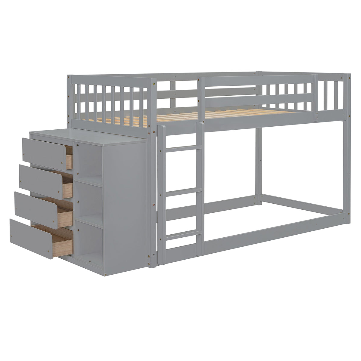 Twin Over Twin Bunk Bed with 4 Drawers and 3 Shelves - Gray