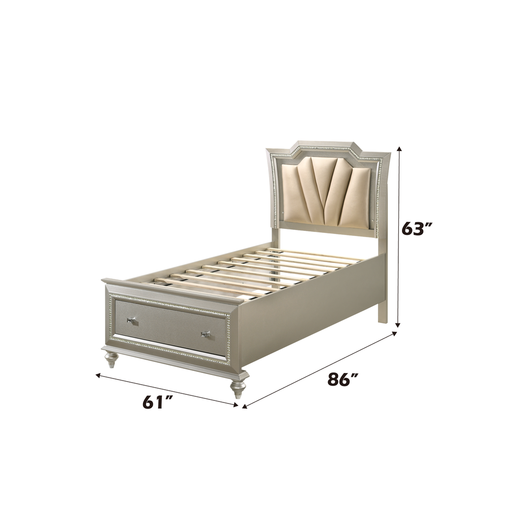 Kaitlyn Synthetic Leather & Champagne Finish Full Bed with LED & Storage