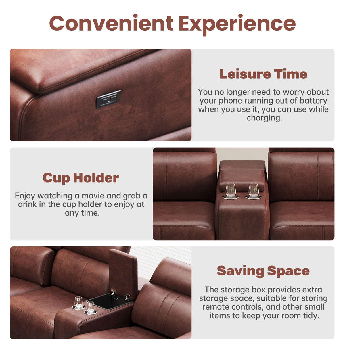 6-Piece Modular Leather Sofa with 2 Cup Holders