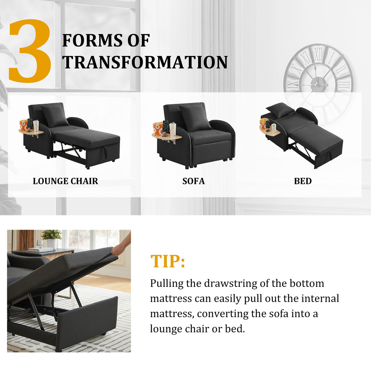 Sleeper Sofa Chair Bed - 3 In 1 Convertible Armchair