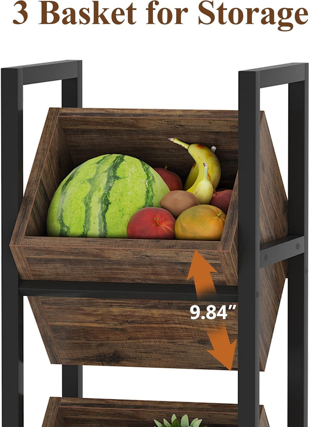 15" 3-Tier Industrial Basket Stand with Angled Baskets