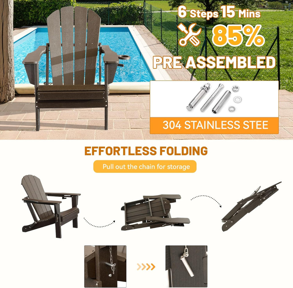Folding HDPE Adirondack Chair with Cup Holder - Brown