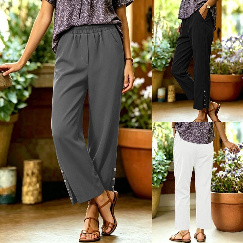 Independent Site European And American Cross-border Foreign Trade Elastic Waist Cropped Straight-leg Trousers With Buttoned Cuffs And Drapey Casual Design