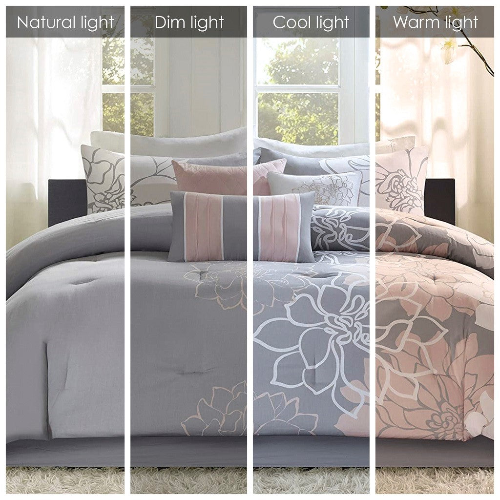 Printed Cotton Sateen Comforter Set - Grey/Peach King