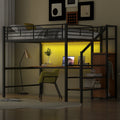 Full Size Metal Loft Bed with Desk, Storage Staircase, Small Wardrobe and LED Light