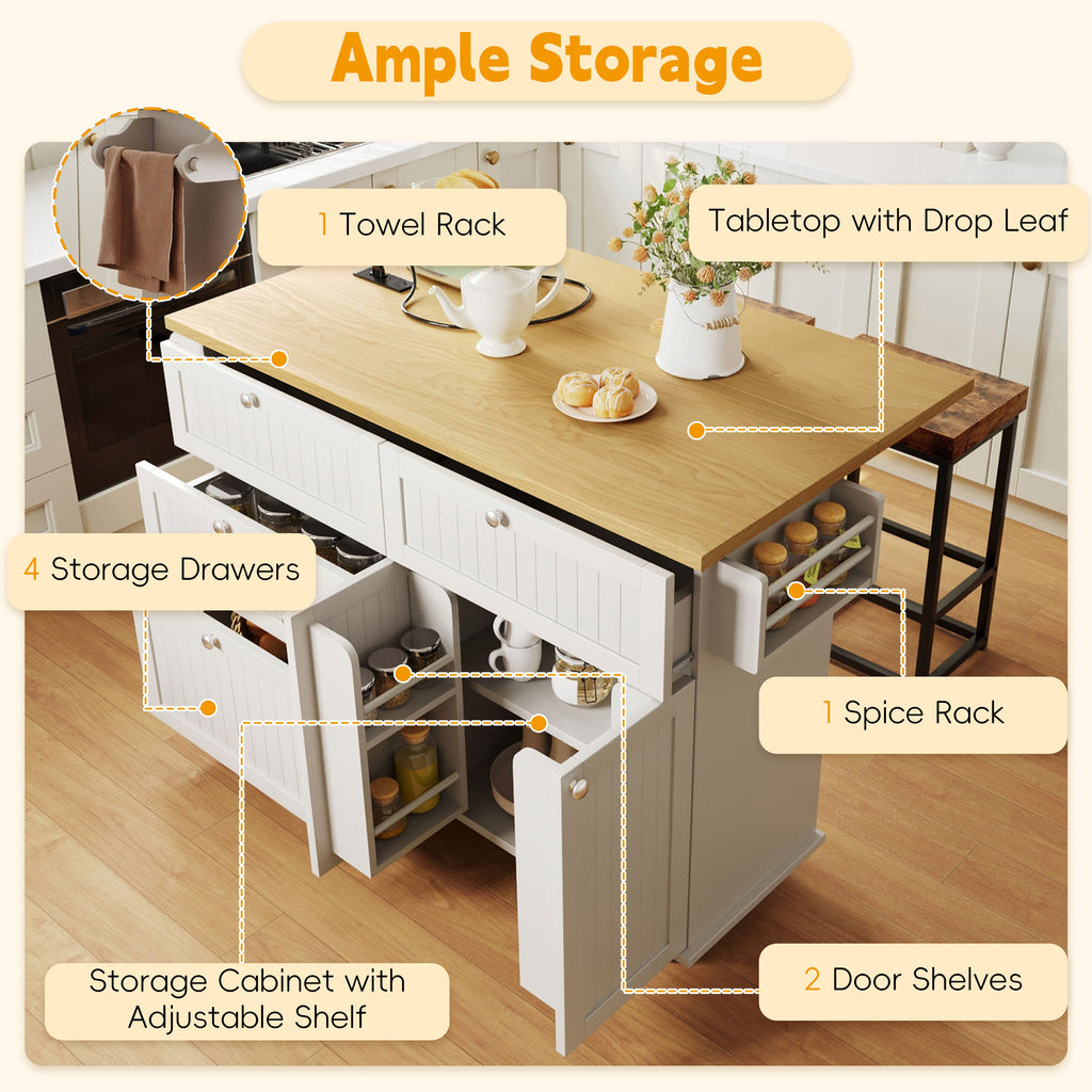 Topmax Farmhouse Kitchen Island with Drop Leaf and 2 Seatings