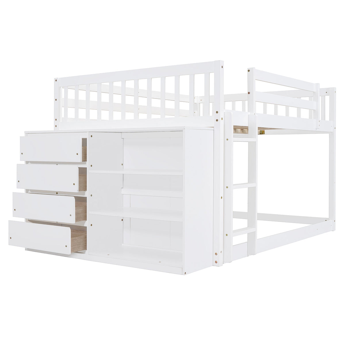 Full Over Full Bunk Bed with 4 Drawers and 3 Shelves - White