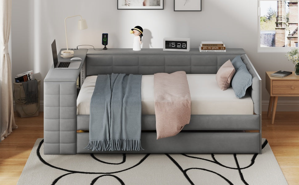 Full Size Upholstered Platform Bed with Storage Shelves, Desk, Charging Station and Trundle