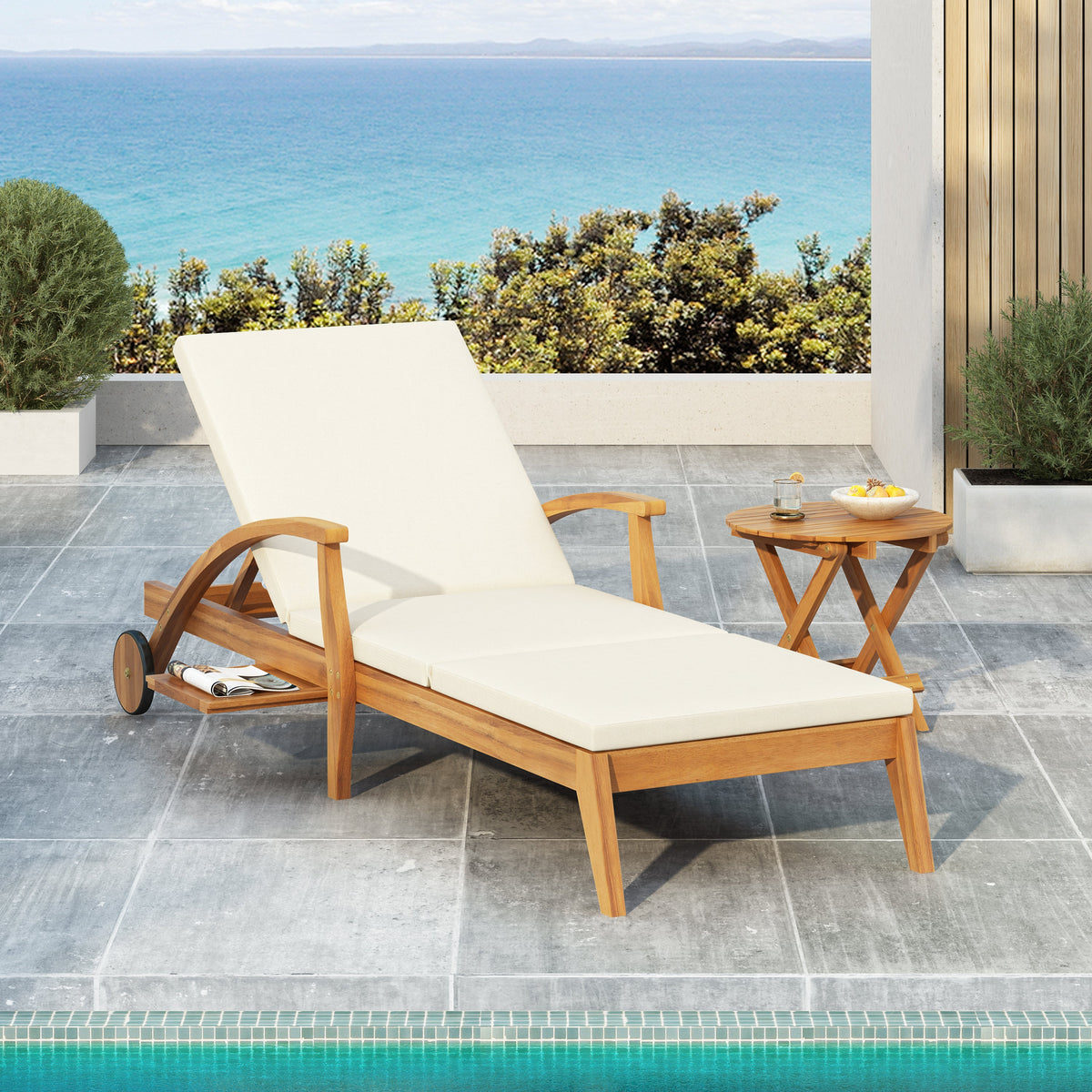 Chaise Lounge With Wheel - Acacia Wood Recliner for Patio