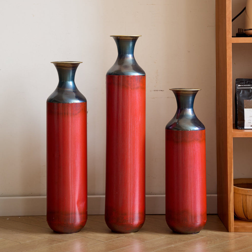 Artisanal Fire-Finished Metal Vases, Set of 3