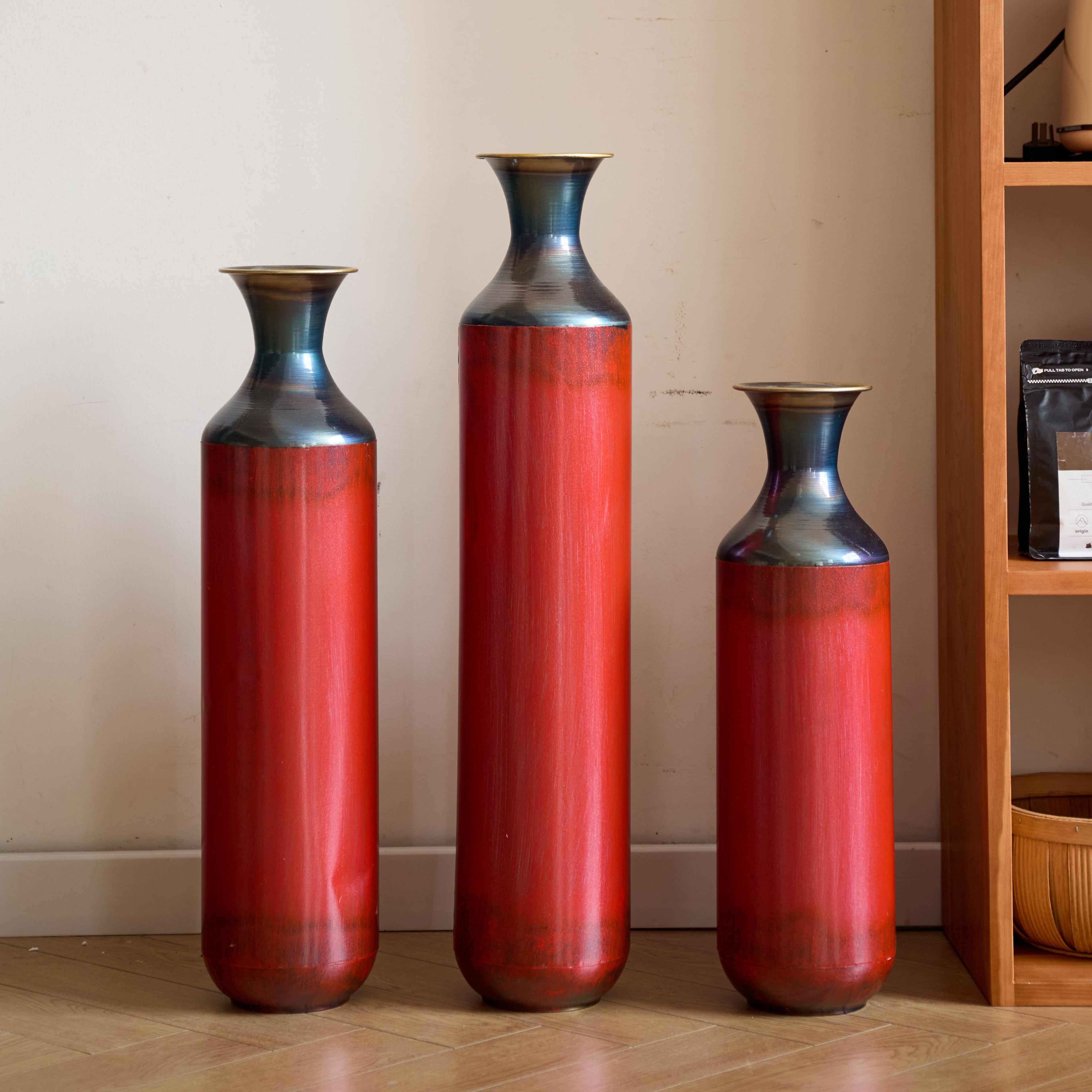 Artisanal Fire-Finished Metal Vases, Set of 3