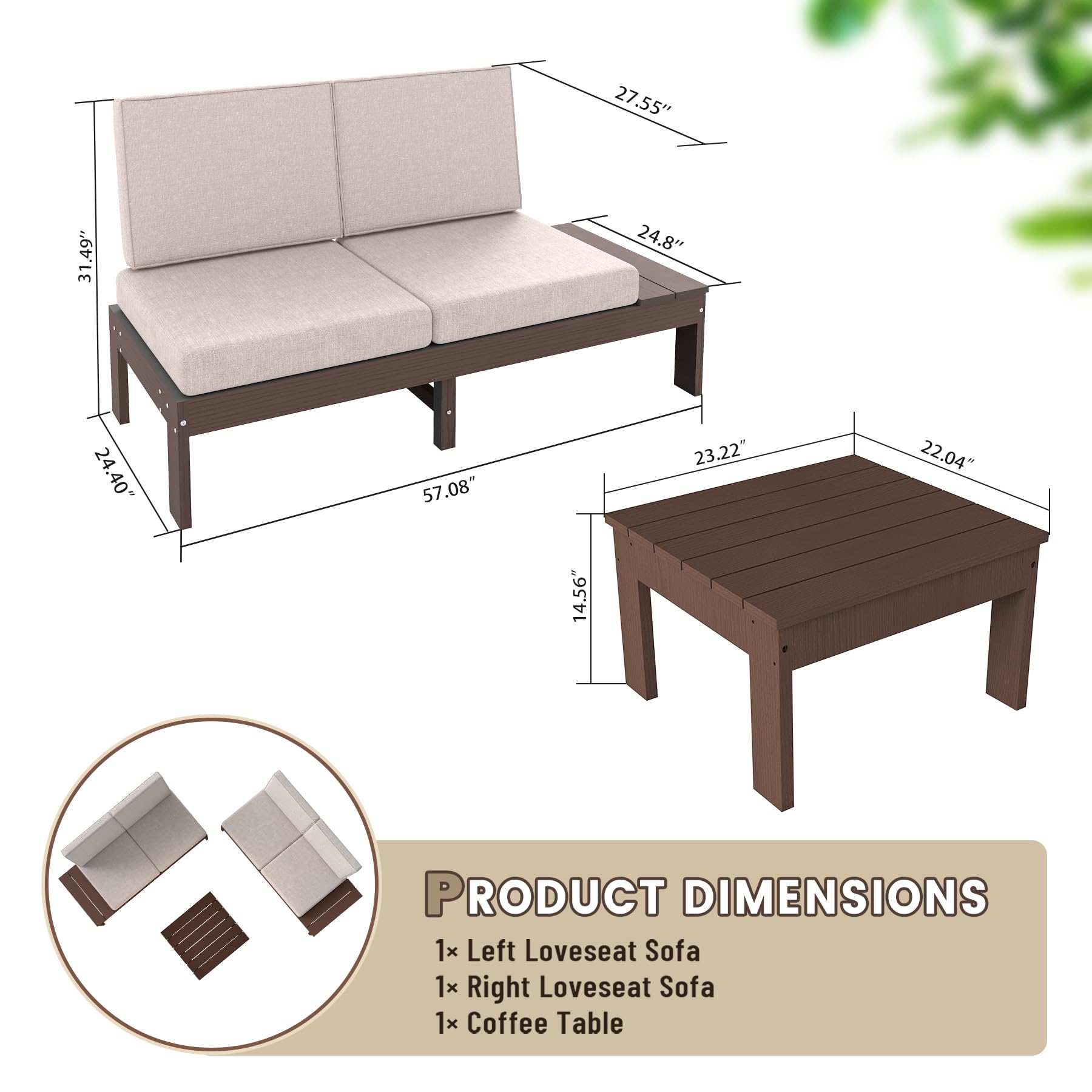 HDPE Outdoor Patio Sofa Set - 3-Piece Modern Conversation Set