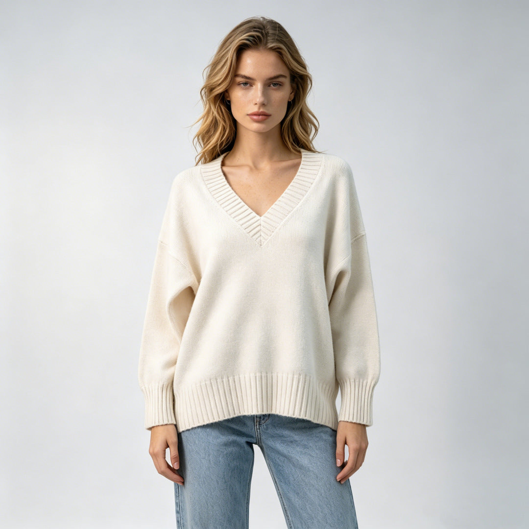 Women's Loose-fit V-neck Casual All-match Knit Sweater