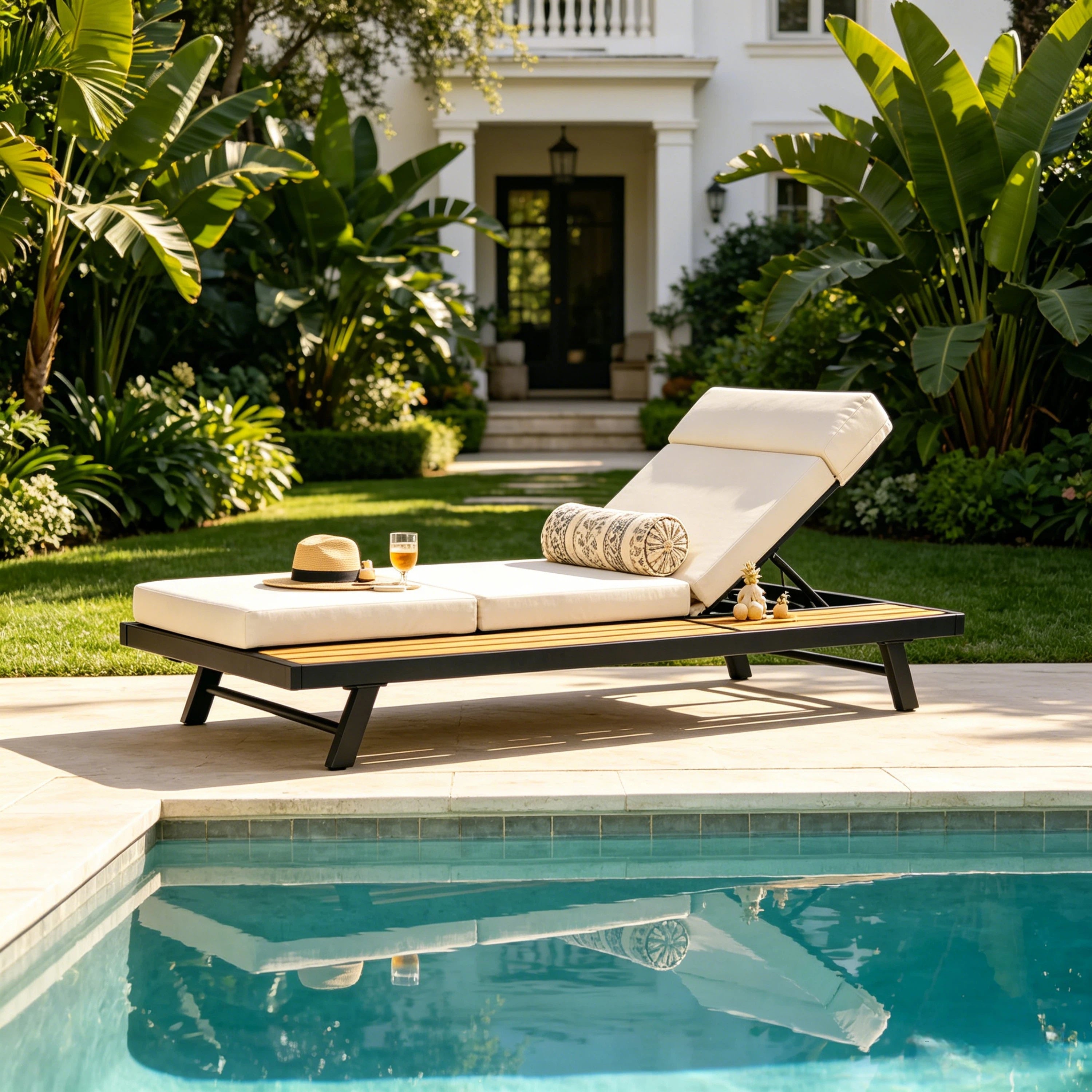 Black Iron + Teak Finish Outdoor Chaise Lounge Set
