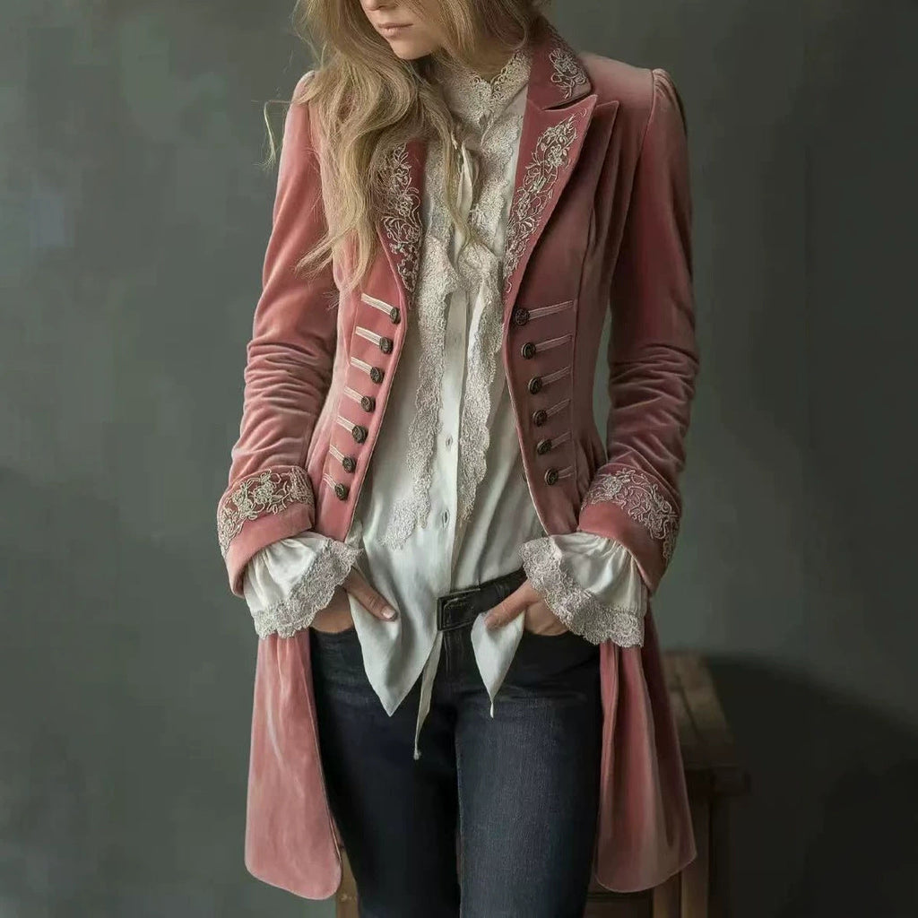 Womens Long-sleeve Solid-color Patchwork Lace Gold-velvet Coat