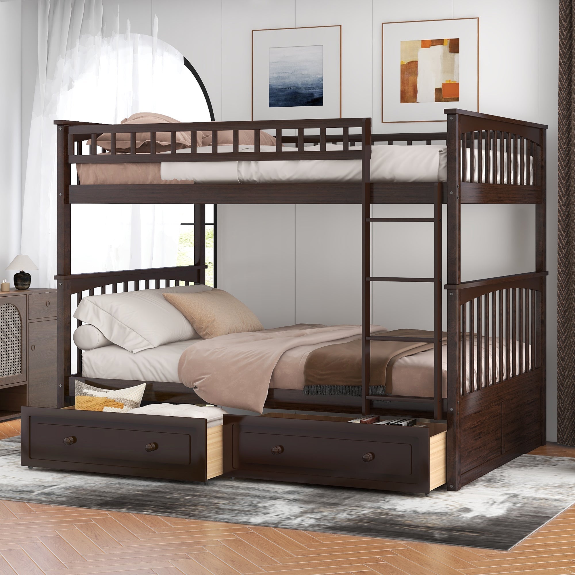 Full Over Full Bunk Bed with Drawers, Convertible Beds