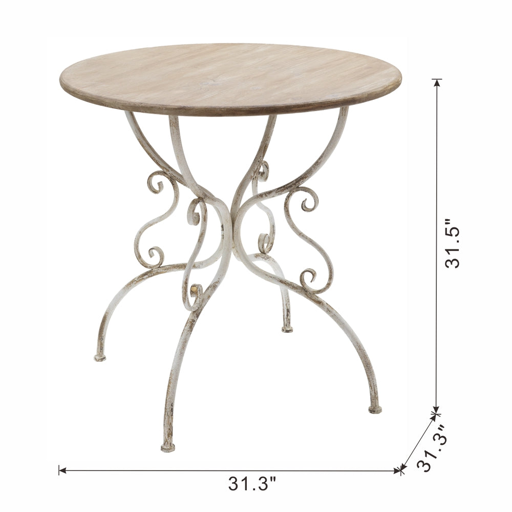 D31.5x31.5" Round Wooden Table with Metal Scrollwork Legs