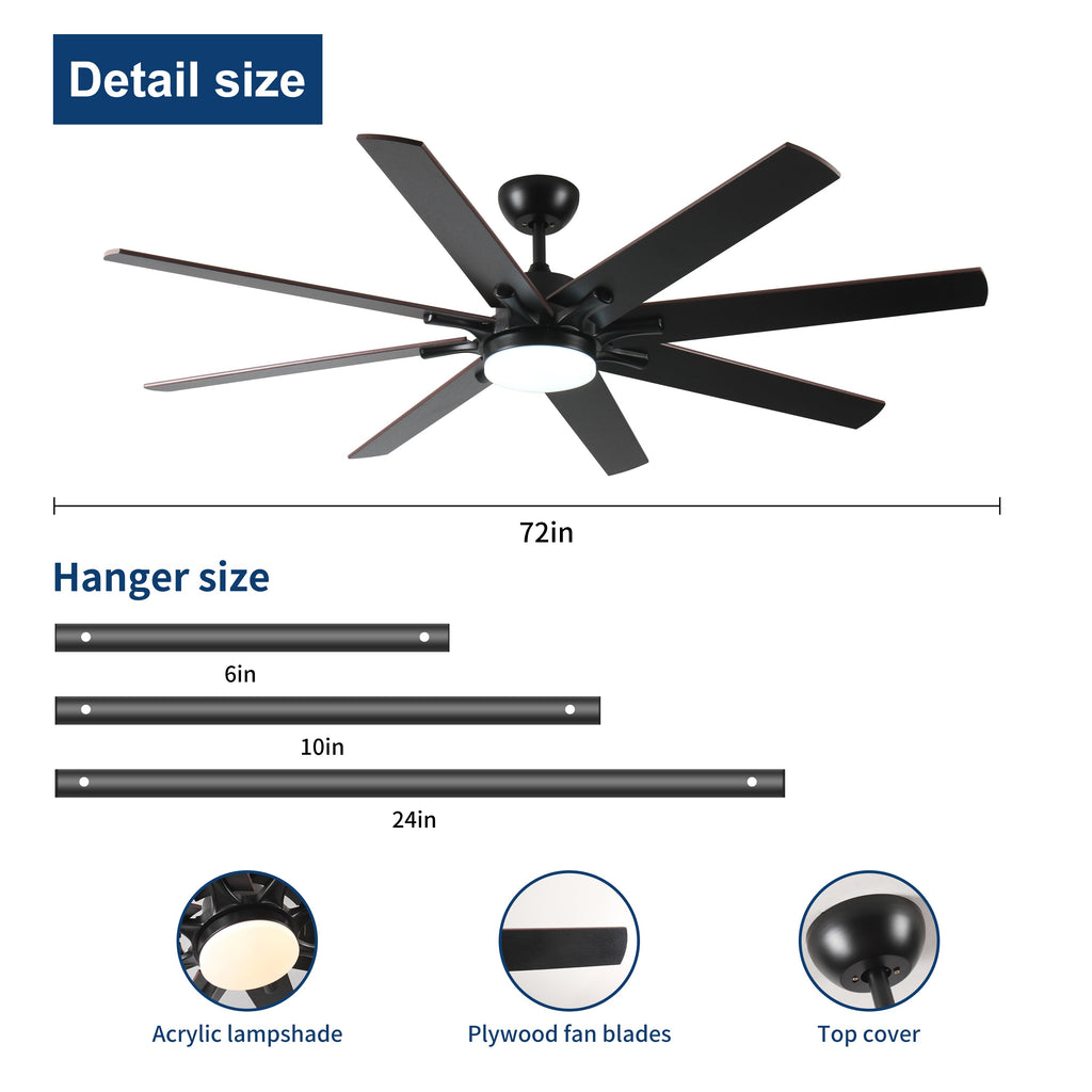 72 Inch Large Ceiling Fan with Lights and Remote Control