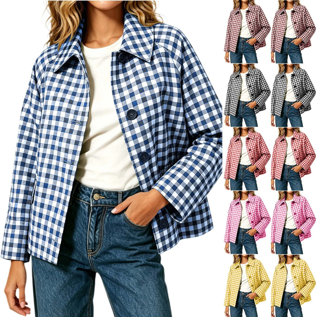 Womens Color-Block Plaid Casual Coat