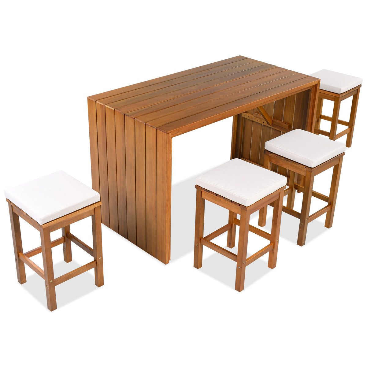5 Piece Outdoor Bar Set, Patio Acacia Wood Bar Height Table & Stools