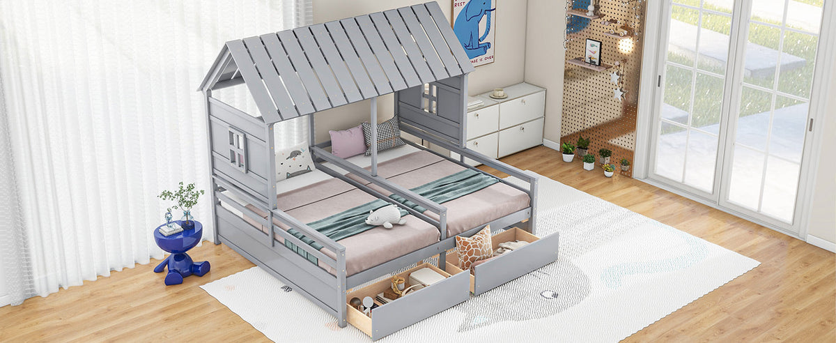 Twin Size House Platform Beds with Storage Drawers