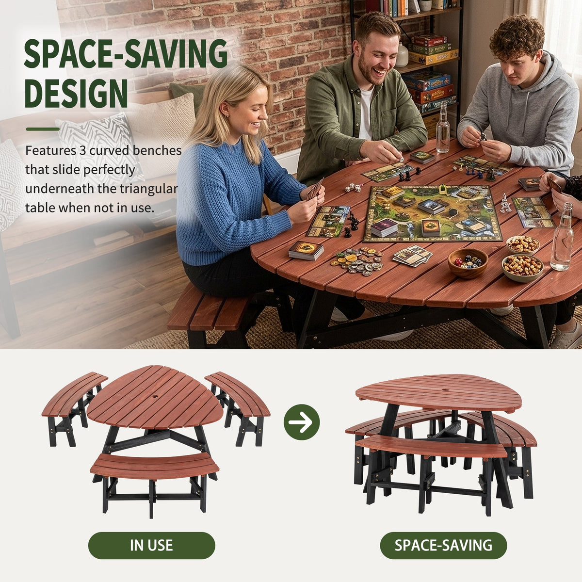 6-Person Semi-Circular Outdoor Solid Fir Wood Picnic Table Set