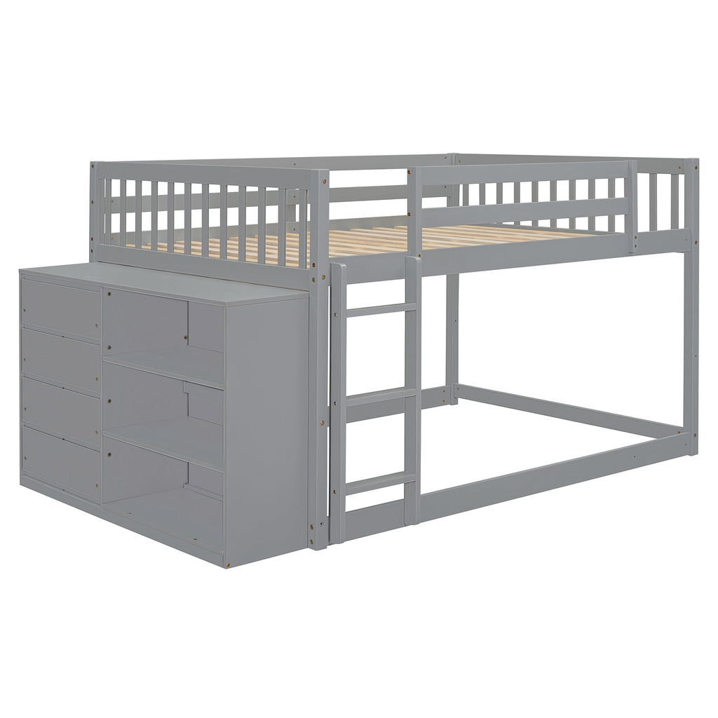 Full Over Full Bunk Bed with 4 Drawers and 3 Shelves - Gray