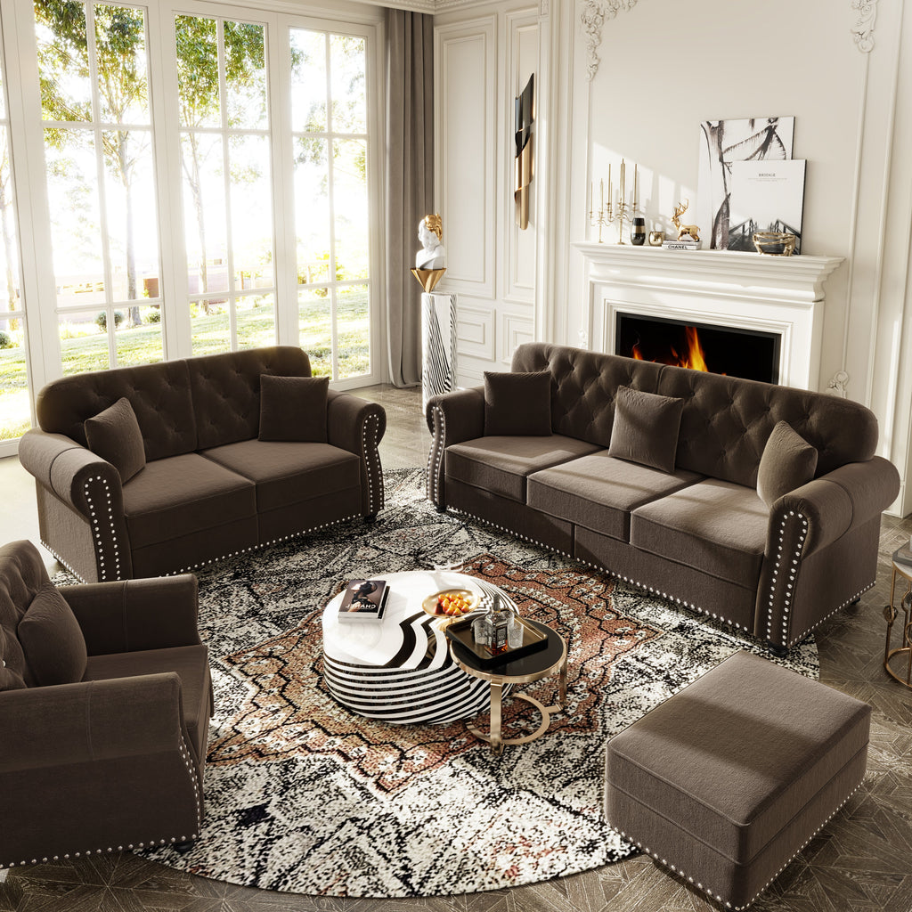 Upholstered Velvet Sofa with Nailhead Trim and Ottoman