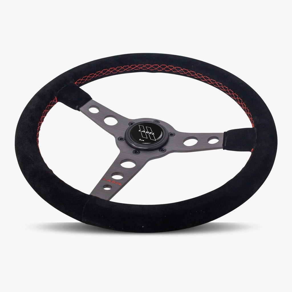 The Daytona | Black Alcantara Suede | Graphite Spoke | Red Stitch
