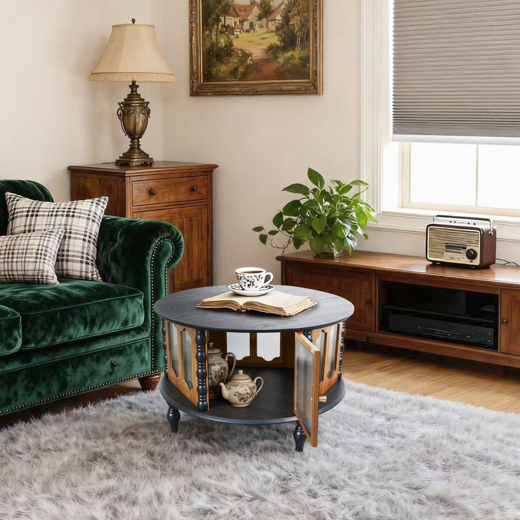 31.5" Round Wooden Coffee Table With Storage