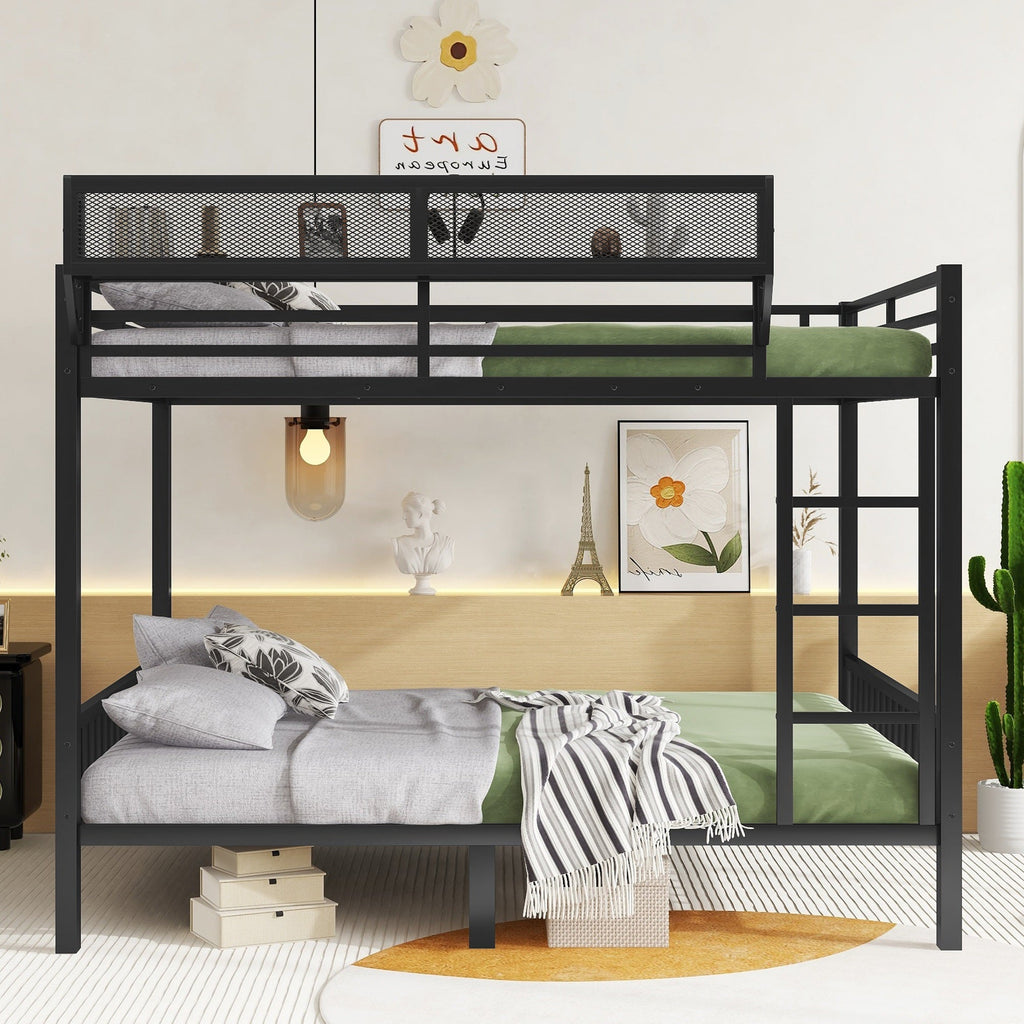 Queen Over Queen Metal Bunk Bed with Ladder and Storage Shelf