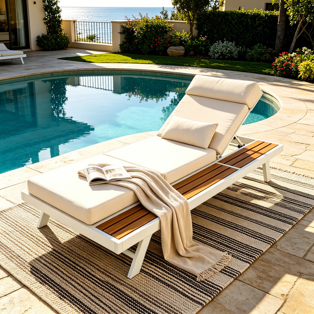 White Iron + Teak Finish Outdoor Chaise Lounge Set