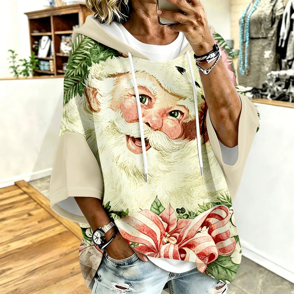 Womens Retro-Print Hoodie With Drawstring And Three-Quarter Sleeves