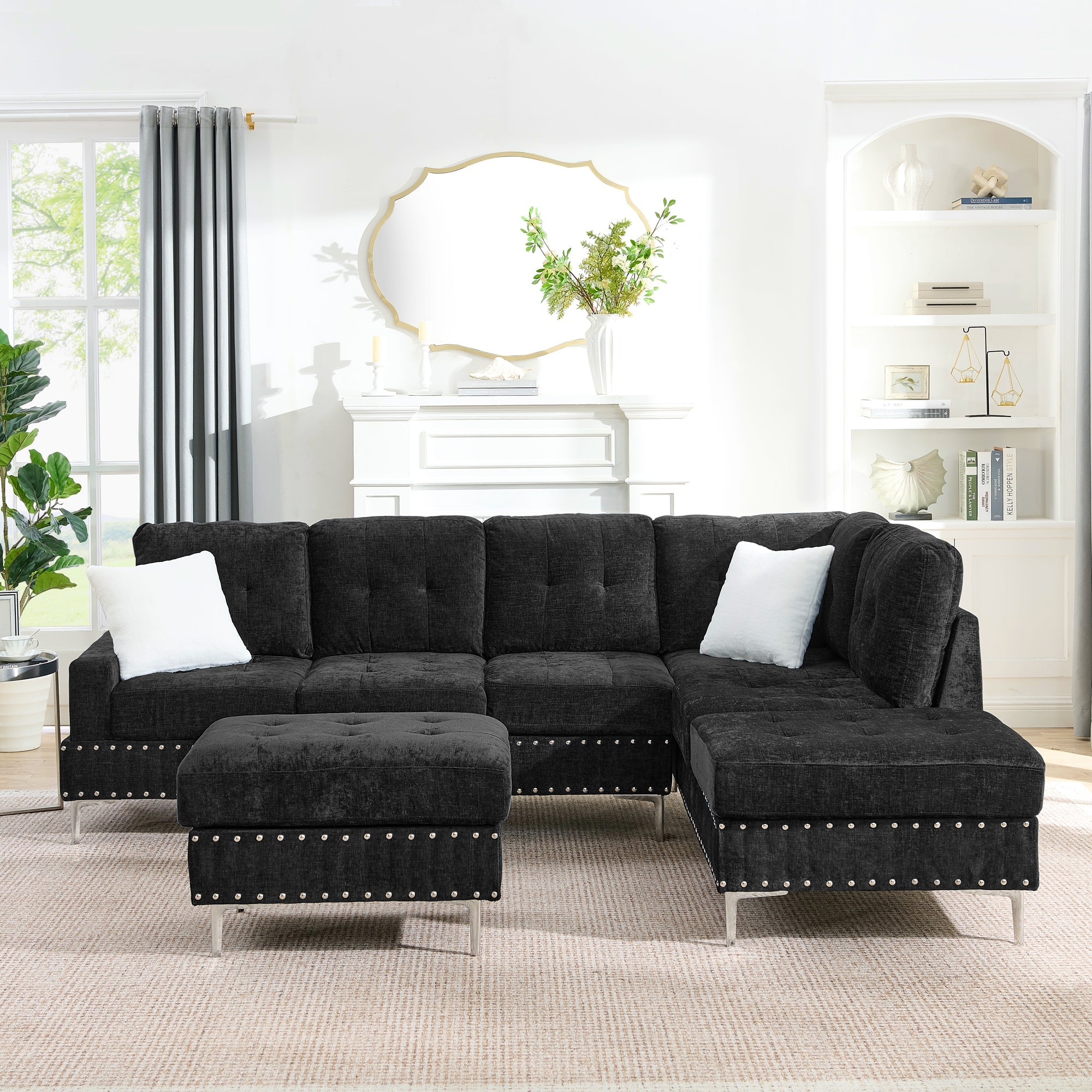 L-Shaped Chenille Sectional Sofa with Chaise and Storage Ottoman