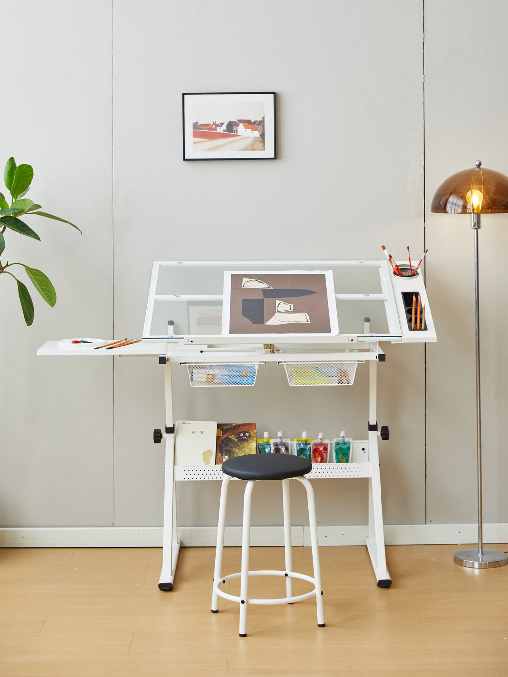 White Adjustable Tempered Glass Drafting Table with Chair