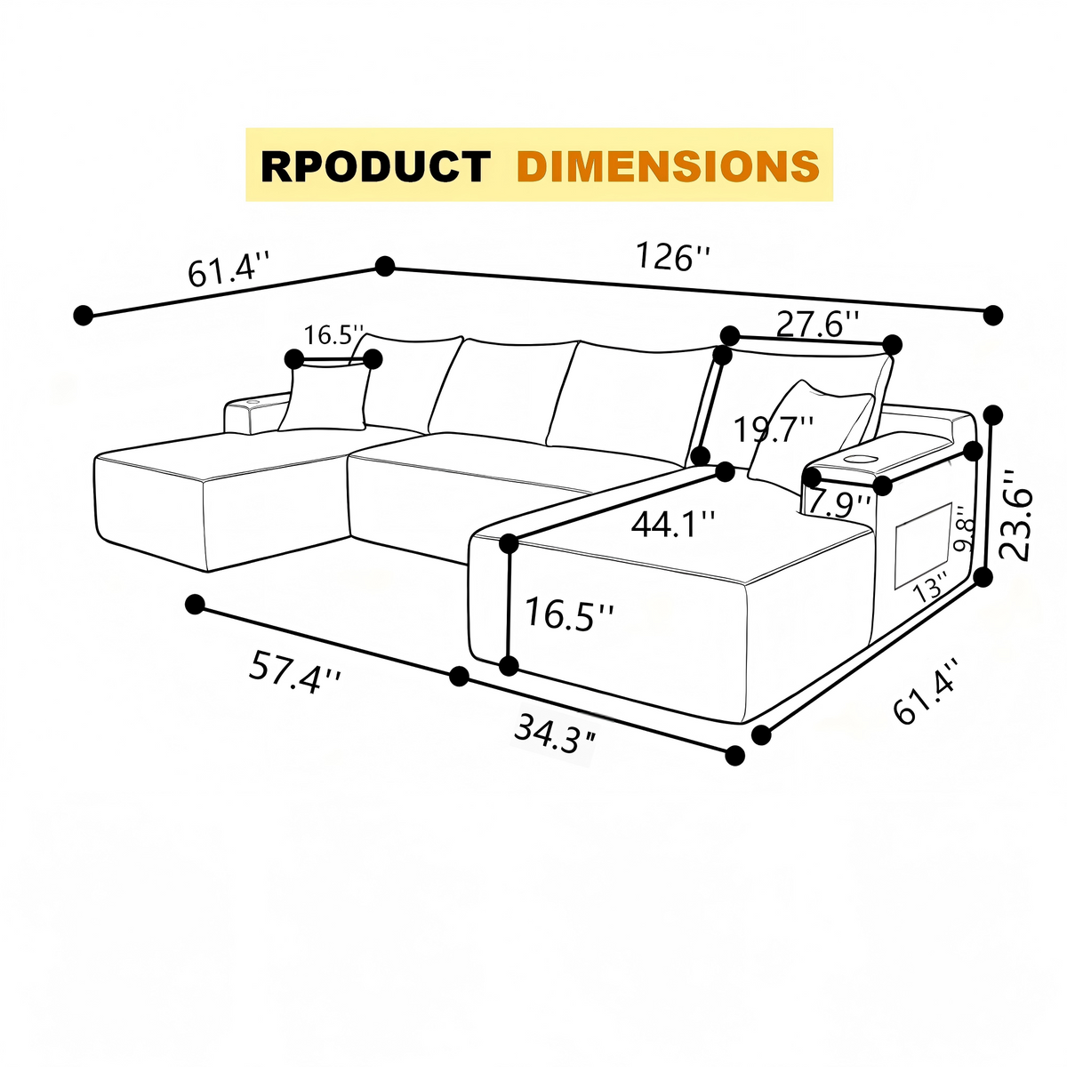 126" Cloud Sectional Sofa with U-Shape Chaise