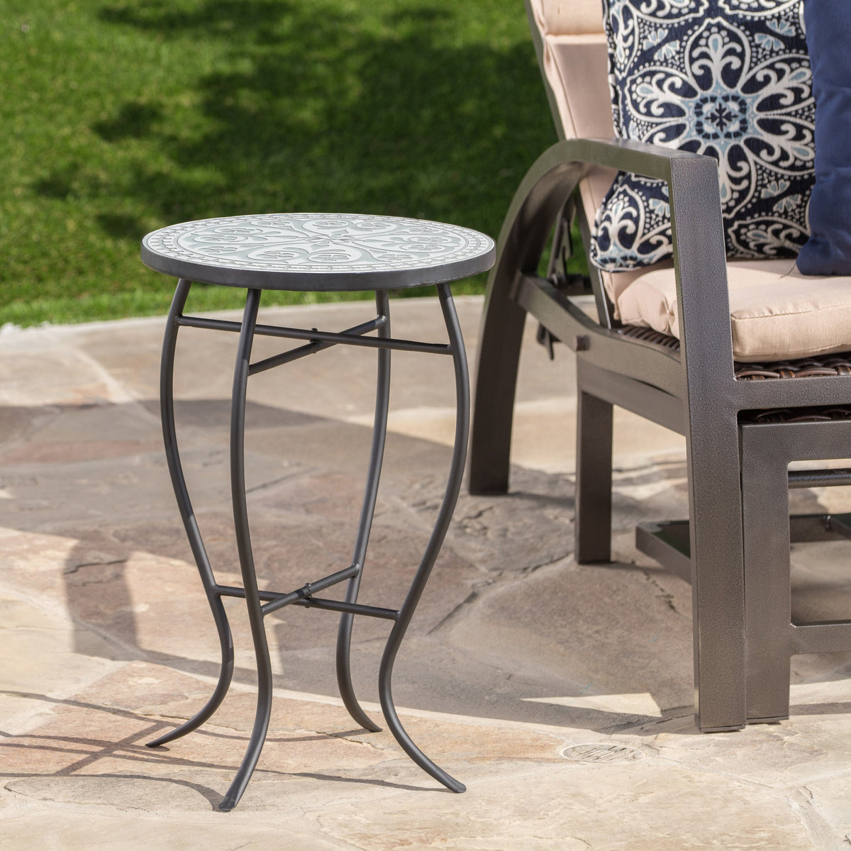 Outdoor Round Side Table with Mosaic-Style Top and Curved Iron Legs
