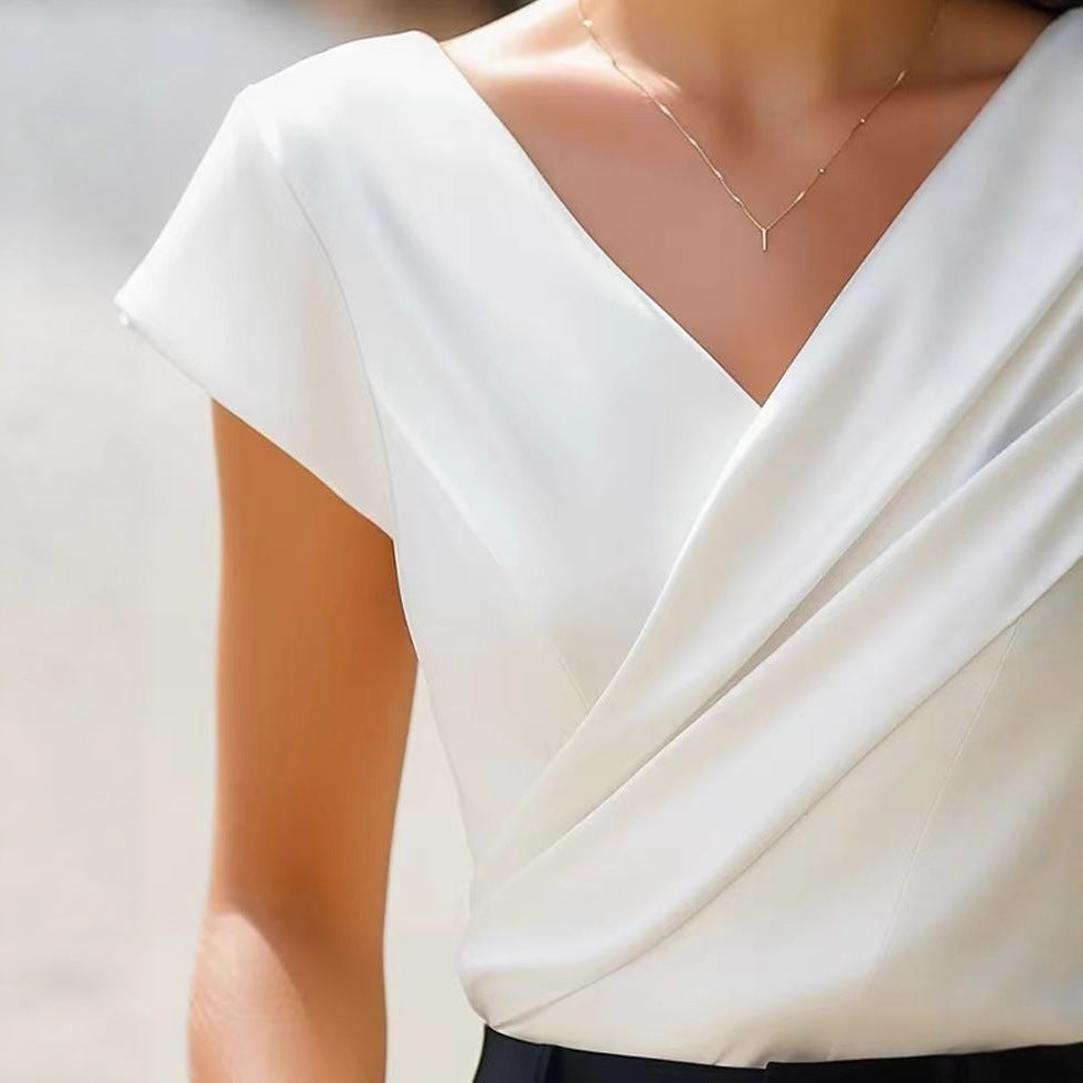 New Women's T-shirt 2026 - European Style, Elegant, Pure Color, V-neck, Short Sleeves, Form-fitting, Summer Women's Top