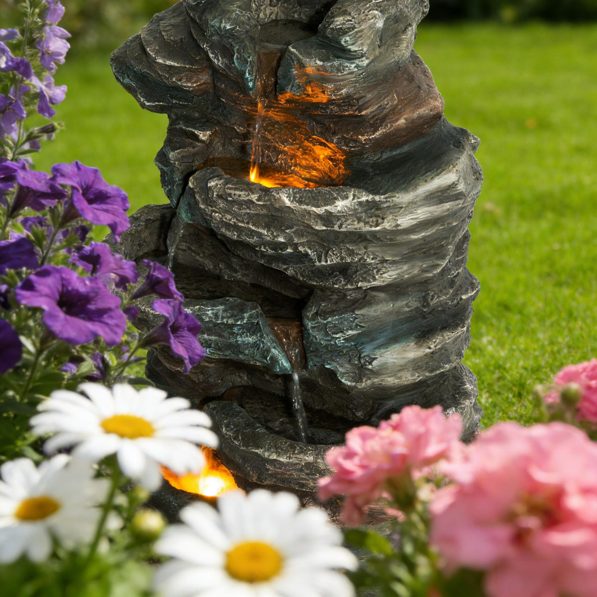 6-Tier Outdoor Cascading Stone Water Fountain with LED Lights