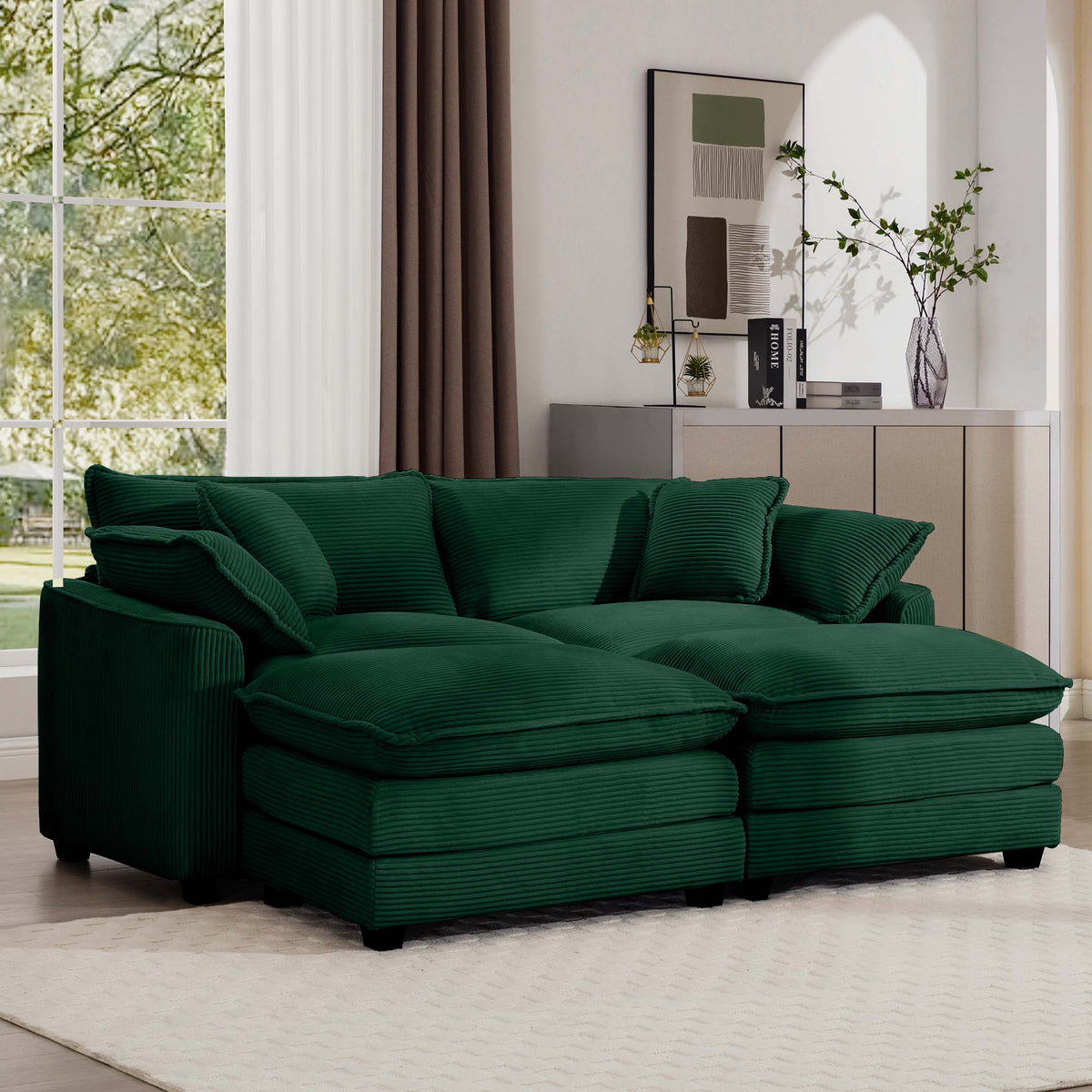 Corduroy Two-Seater Sofa with Ottoman