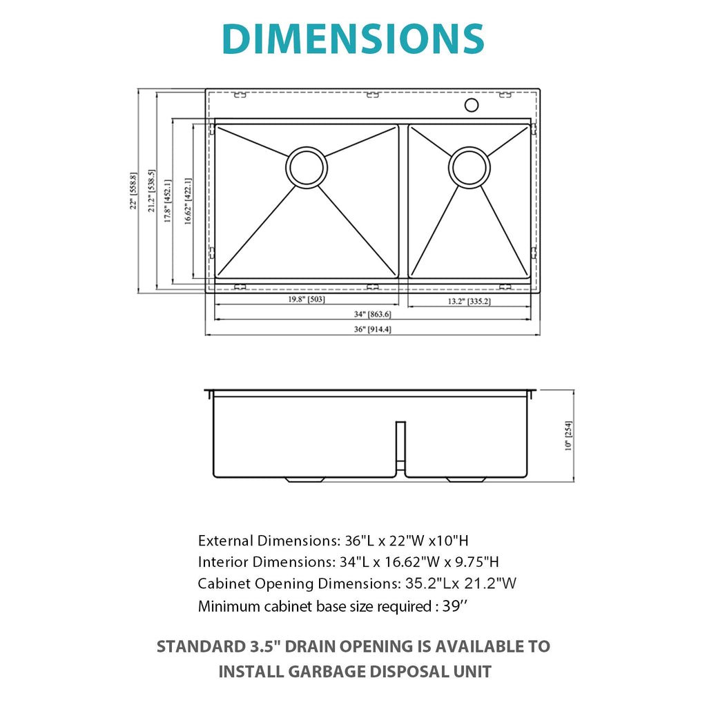 Topmount Drop In Kitchen Sink - 36"x 22" Double Bowl