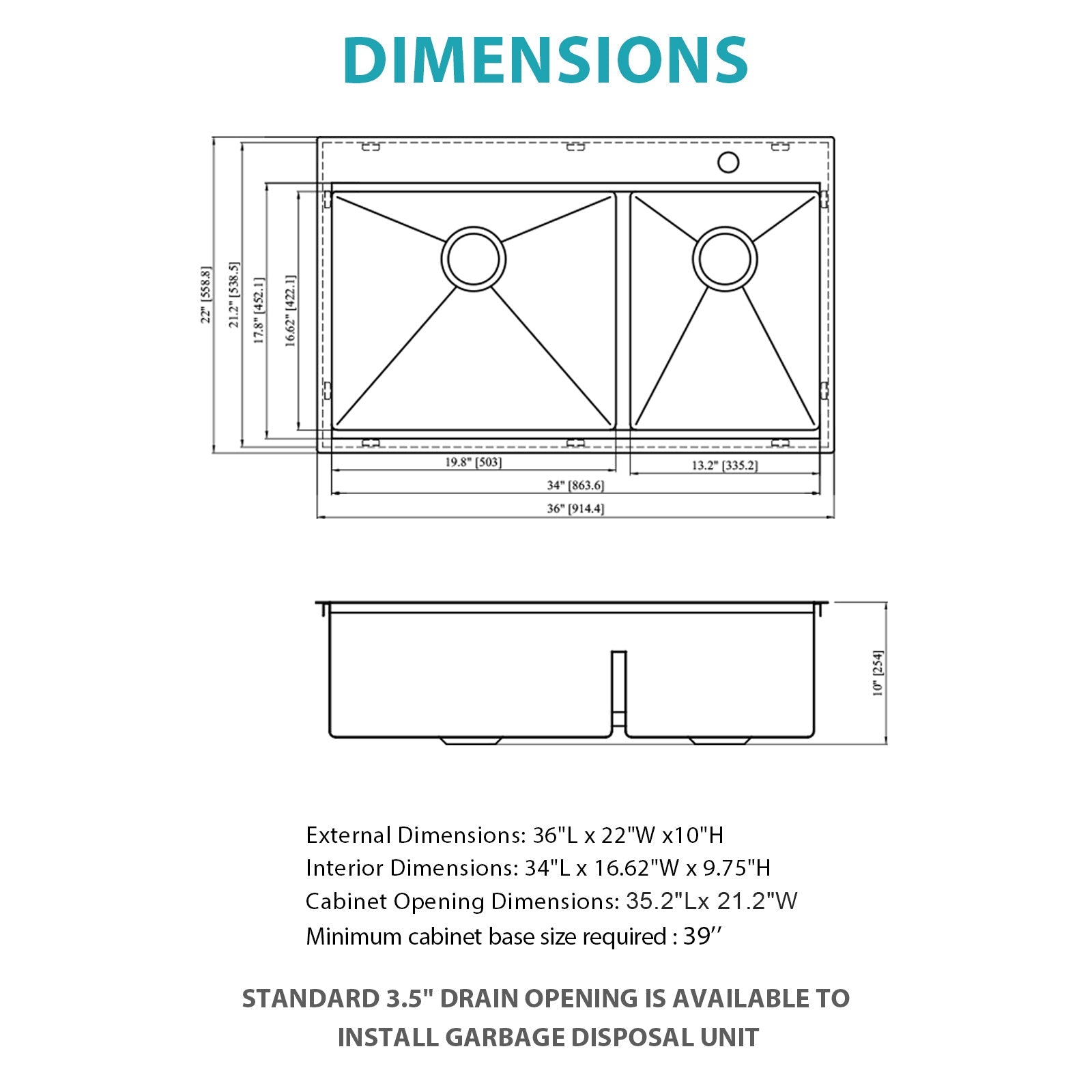 Topmount Drop In Kitchen Sink - 36"x 22" Double Bowl