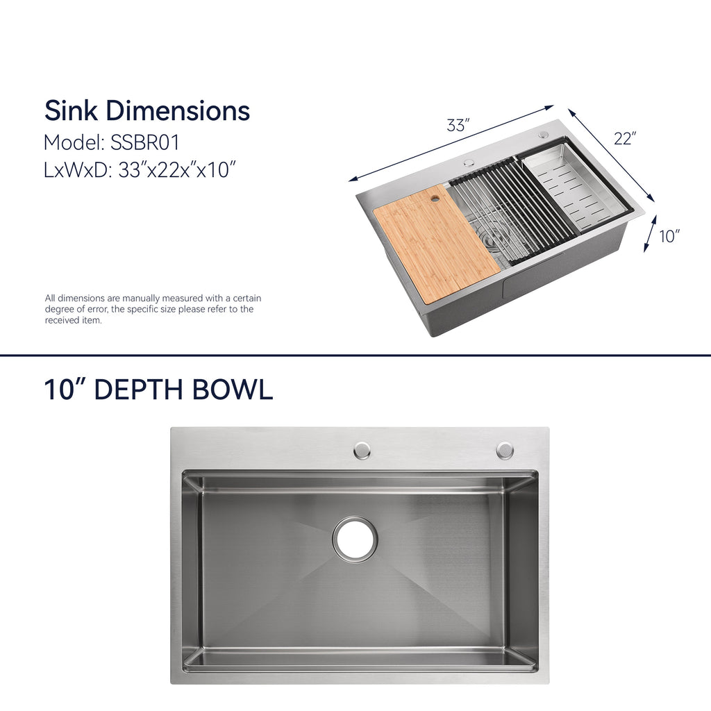Stainless Steel Kitchen Sink, 33″x22″ Single Bowl